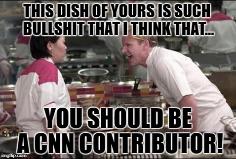 Chef Gordon Ramsay has a suggestion for this contestant's future when she leaves Hell's Kitchen | THIS DISH OF YOURS IS SUCH BULLSHIT THAT I THINK THAT... YOU SHOULD BE A CNN CONTRIBUTOR! | image tagged in memes,angry chef gordon ramsay,cnn,donald trump approves,liberal vs conservative,cnn fake news | made w/ Imgflip meme maker