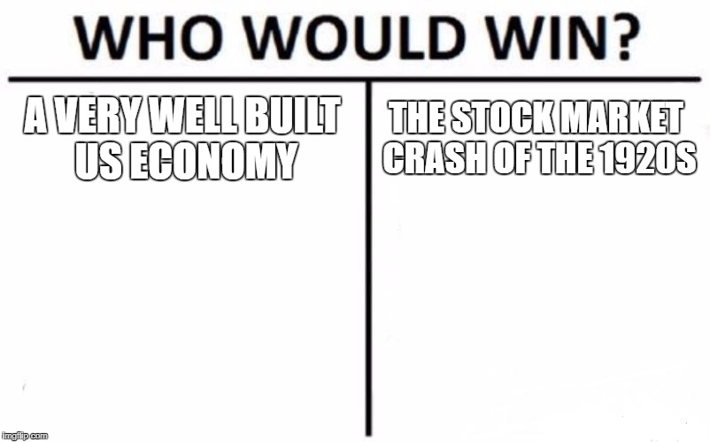 Who Would Win? Meme | A VERY WELL BUILT US ECONOMY; THE STOCK MARKET CRASH OF THE 1920S | image tagged in memes,who would win | made w/ Imgflip meme maker