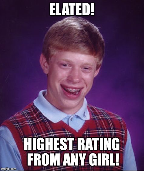 Bad Luck Brian Meme | ELATED! HIGHEST RATING FROM ANY GIRL! | image tagged in memes,bad luck brian | made w/ Imgflip meme maker