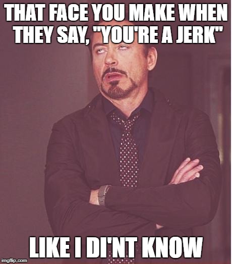Face You Make Robert Downey Jr | THAT FACE YOU MAKE WHEN THEY SAY, "YOU'RE A JERK"; LIKE I DI'NT KNOW | image tagged in memes,face you make robert downey jr | made w/ Imgflip meme maker