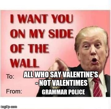 Trump Wall Valentine | ALL WHO SAY VALENTINE'S - NOT VALENTIMES; GRAMMAR POLICE | image tagged in trump wall valentine | made w/ Imgflip meme maker