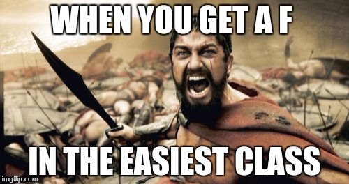 Sparta Leonidas | WHEN YOU GET A F; IN THE EASIEST CLASS | image tagged in memes,sparta leonidas | made w/ Imgflip meme maker