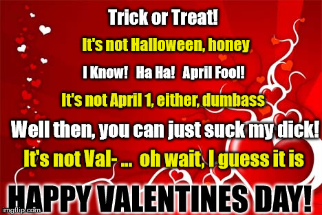Valentine | Trick or Treat! It's not Halloween, honey; I Know!   Ha Ha!   April Fool! It's not April 1, either, dumbass; Well then, you can just suck my dick! It's not Val- ...  oh wait, I guess it is; HAPPY VALENTINES DAY! | image tagged in valentine | made w/ Imgflip meme maker