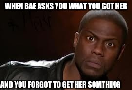 Kevin Hart Meme | WHEN BAE ASKS YOU WHAT YOU GOT HER; AND YOU FORGOT TO GET HER SOMTHING | image tagged in memes,kevin hart the hell | made w/ Imgflip meme maker