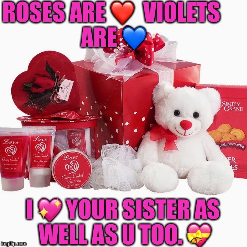 Daughter valentines  | ROSES ARE ❤️

VIOLETS ARE 💙; I 💖 YOUR SISTER
AS WELL AS U TOO. 💝 | image tagged in valentines,roses are red,daughters | made w/ Imgflip meme maker