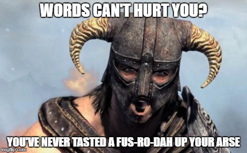 Dragonborn | WORDS CAN'T HURT YOU? YOU'VE NEVER TASTED A FUS-RO-DAH UP YOUR ARSE | image tagged in dragonborn | made w/ Imgflip meme maker