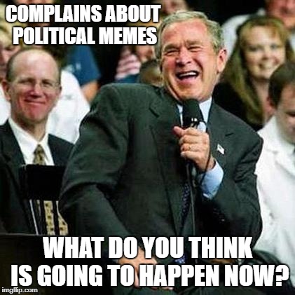 Bush thinks its funny | COMPLAINS ABOUT POLITICAL MEMES WHAT DO YOU THINK IS GOING TO HAPPEN NOW? | image tagged in bush thinks its funny | made w/ Imgflip meme maker