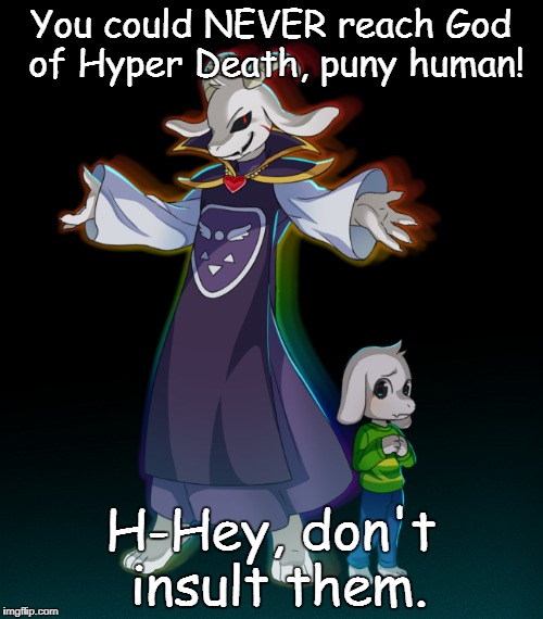 You could NEVER reach God of Hyper Death, puny human! H-Hey, don't insult them. | made w/ Imgflip meme maker