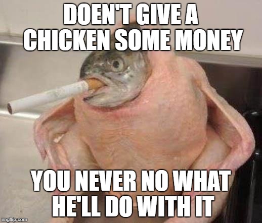 Bad ass fish | DOEN'T GIVE A CHICKEN SOME MONEY; YOU NEVER NO WHAT HE'LL DO WITH IT | image tagged in bad ass fish | made w/ Imgflip meme maker