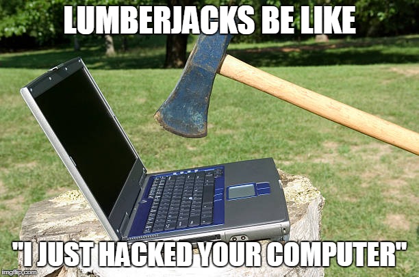 Beware! Hackers Are Everywhere! Even In The Forests! | LUMBERJACKS BE LIKE; "I JUST HACKED YOUR COMPUTER" | image tagged in memes,hackers,lumberjack,hacked,axe,hacking | made w/ Imgflip meme maker