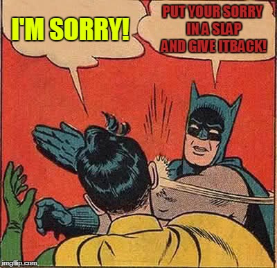 Sorry Slap | I'M SORRY! PUT YOUR SORRY IN A SLAP AND GIVE ITBACK! | image tagged in memes,batman slapping robin | made w/ Imgflip meme maker