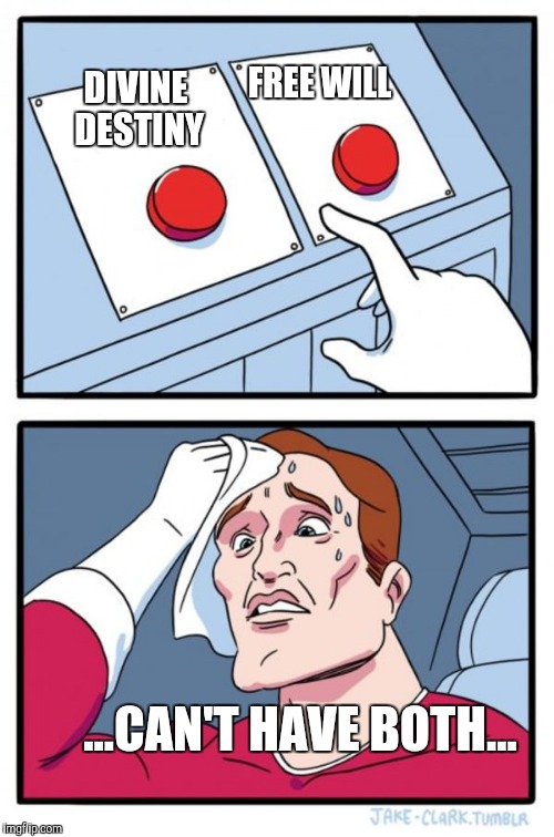 Two Buttons Meme | FREE WILL; DIVINE DESTINY; ...CAN'T HAVE BOTH... | image tagged in memes,two buttons | made w/ Imgflip meme maker