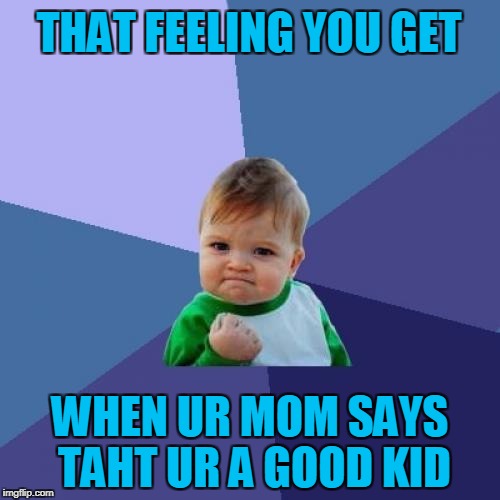 Success Kid | THAT FEELING YOU GET; WHEN UR MOM SAYS TAHT UR A GOOD KID | image tagged in memes,success kid | made w/ Imgflip meme maker