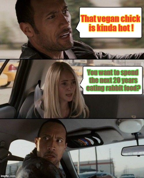 The Rock Driving | That vegan chick is kinda hot ! You want to spend the next 20 years eating rabbit food? | image tagged in memes,the rock driving,veganism,vegan | made w/ Imgflip meme maker