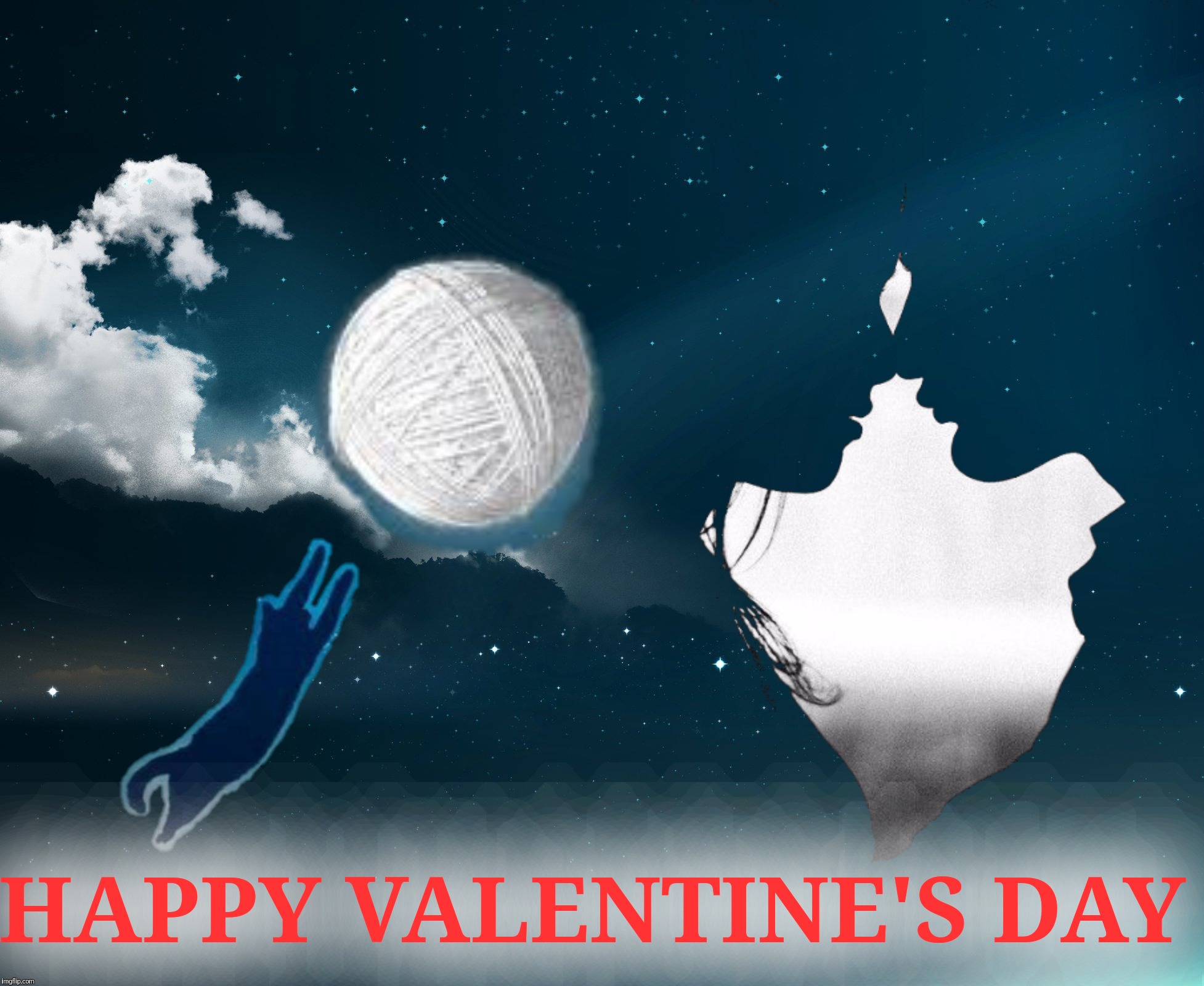 Happy Valentine's Day! | HAPPY VALENTINE'S DAY | image tagged in moonlight kiss,happy valentine's day,cats,ball of yarn | made w/ Imgflip meme maker