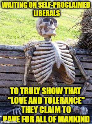 Waiting Skeleton | WAITING ON SELF-PROCLAIMED LIBERALS; TO TRULY SHOW THAT "LOVE AND TOLERANCE" THEY CLAIM TO HAVE FOR ALL OF MANKIND | image tagged in memes,waiting skeleton,liberal logic,liberal hypocrisy,democratic party,democrats | made w/ Imgflip meme maker