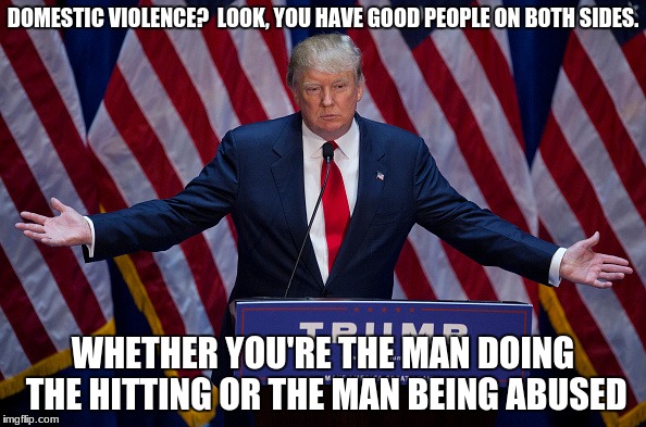 Donald Trump:  the great mediator! [sarcasm] | DOMESTIC VIOLENCE?  LOOK, YOU HAVE GOOD PEOPLE ON BOTH SIDES. WHETHER YOU'RE THE MAN DOING THE HITTING OR THE MAN BEING ABUSED | image tagged in donald trump,donald trump is an idiot,funny,memes | made w/ Imgflip meme maker
