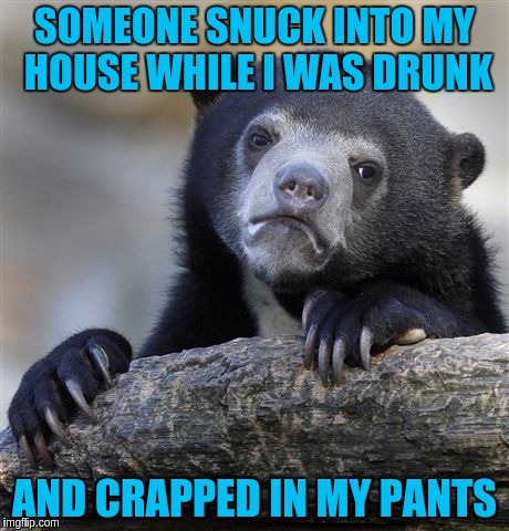 Confession Bear Meme | SOMEONE SNUCK INTO MY HOUSE WHILE I WAS DRUNK; AND CRAPPED IN MY PANTS | image tagged in memes,confession bear | made w/ Imgflip meme maker