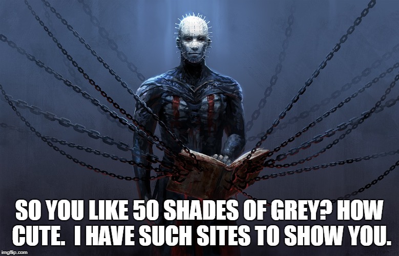 50 shades of grey? | SO YOU LIKE 50 SHADES OF GREY? HOW CUTE.  I HAVE SUCH SITES TO SHOW YOU. | image tagged in hellraiser,50 shades of grey,movies,funny | made w/ Imgflip meme maker