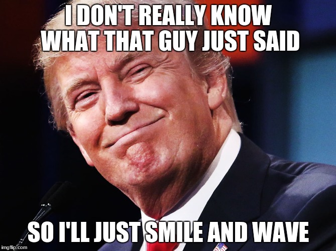 Trump meme | I DON'T REALLY KNOW WHAT THAT GUY JUST SAID; SO I'LL JUST SMILE AND WAVE | image tagged in trump meme | made w/ Imgflip meme maker