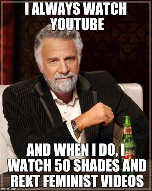 The Most Interesting Man In The World Meme | I ALWAYS WATCH YOUTUBE AND WHEN I DO, I WATCH 50 SHADES AND REKT FEMINIST VIDEOS | image tagged in memes,the most interesting man in the world | made w/ Imgflip meme maker