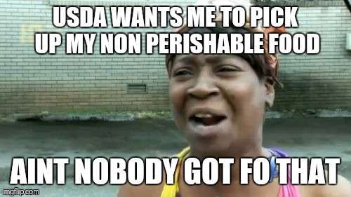 Maybe good on paper but this is potentially big government. | USDA WANTS ME TO PICK UP MY NON PERISHABLE FOOD; AINT NOBODY GOT FO THAT | image tagged in memes,aint nobody got time for that | made w/ Imgflip meme maker