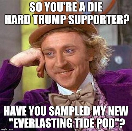 Creepy Condescending Wonka Meme | SO YOU'RE A DIE HARD TRUMP SUPPORTER? HAVE YOU SAMPLED MY NEW "EVERLASTING TIDE POD"? | image tagged in memes,creepy condescending wonka,tide pods,funny,trump | made w/ Imgflip meme maker