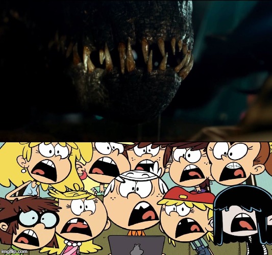 The Indoraptor scares the Loud siblings  | image tagged in the loud house,jurassic world,nickelodeon,universal studios,monster,scary | made w/ Imgflip meme maker