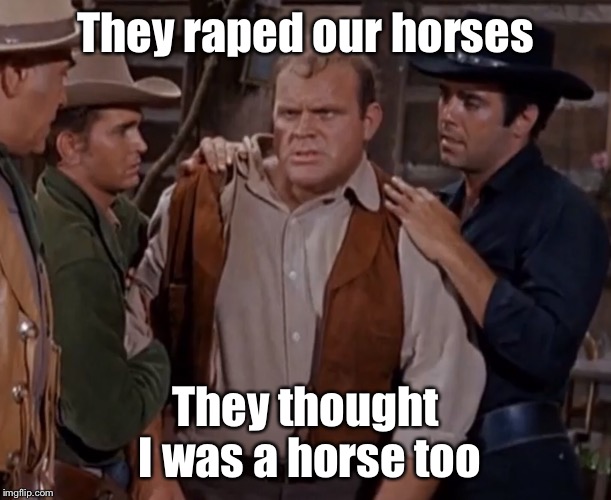 When it sucks to be called Hoss. (No animals were harmed in the making of this meme) | They raped our horses; They thought I was a horse too | image tagged in memes,ponderosa,hoss,horses,violated,misunderstood | made w/ Imgflip meme maker