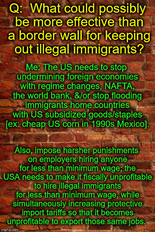 Lets shift the conversation from blaming the victim, to fixing the structural causes | Q:  What could possibly be more effective than a border wall for keeping out illegal immigrants? Me: The US needs to stop undermining foreign economies with regime changes, NAFTA, the world bank, &/or stop flooding immigrants home countries with US subsidized goods/staples [ex: cheap US corn in 1990s Mexico]. Also, impose harsher punishments on employers hiring anyone for less than minimum wage; the USA needs to make it fiscally unprofitable to hire illegal immigrants for less than minimum wage, while simultaneously increasing protective import tariffs so that it becomes unprofitable to export those same jobs. | image tagged in border wall,nafta,illegal immigrants,minimum wage,politics | made w/ Imgflip meme maker