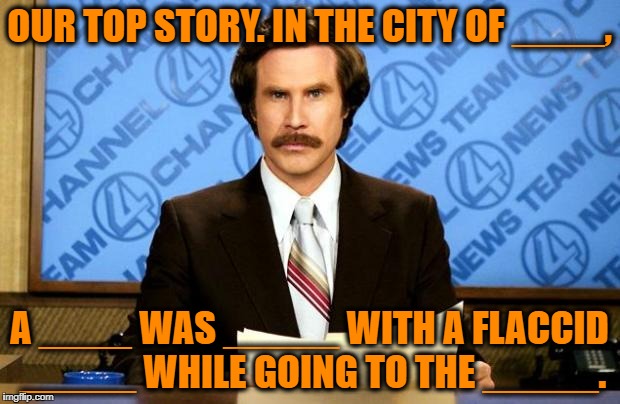 what republicans think the news would be like every night if there were legally more than 2 official genders. | OUR TOP STORY. IN THE CITY OF ____, A ____ WAS _____ WITH A FLACCID _____ WHILE GOING TO THE _____. | image tagged in breaking news,gay gabs | made w/ Imgflip meme maker