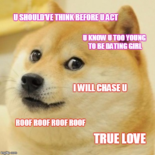 Doge | U SHOULD'VE THINK BEFORE U ACT; U KNOW U TOO YOUNG TO BE DATING GIRL; I WILL CHASE U; ROOF ROOF ROOF ROOF; TRUE LOVE | image tagged in memes,doge | made w/ Imgflip meme maker