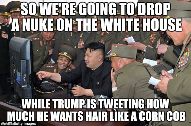 kim jong un's computer  | SO WE'RE GOING TO DROP A NUKE ON THE WHITE HOUSE; WHILE TRUMP IS TWEETING HOW MUCH HE WANTS HAIR LIKE A CORN COB | image tagged in kim jong un's computer | made w/ Imgflip meme maker