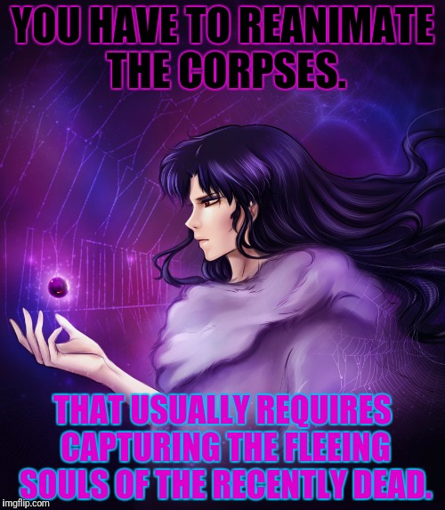 YOU HAVE TO REANIMATE THE CORPSES. THAT USUALLY REQUIRES CAPTURING THE FLEEING SOULS OF THE RECENTLY DEAD. | made w/ Imgflip meme maker