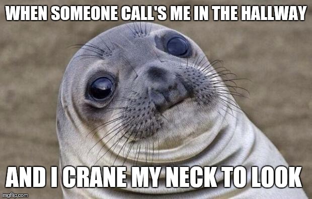 Awkward Moment Sealion Meme | WHEN SOMEONE CALL'S ME IN THE HALLWAY; AND I CRANE MY NECK TO LOOK | image tagged in memes,awkward moment sealion | made w/ Imgflip meme maker