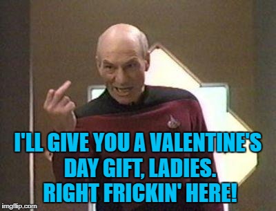 Picard middle finger | I'LL GIVE YOU A VALENTINE'S DAY GIFT, LADIES. RIGHT FRICKIN' HERE! | image tagged in picard middle finger | made w/ Imgflip meme maker