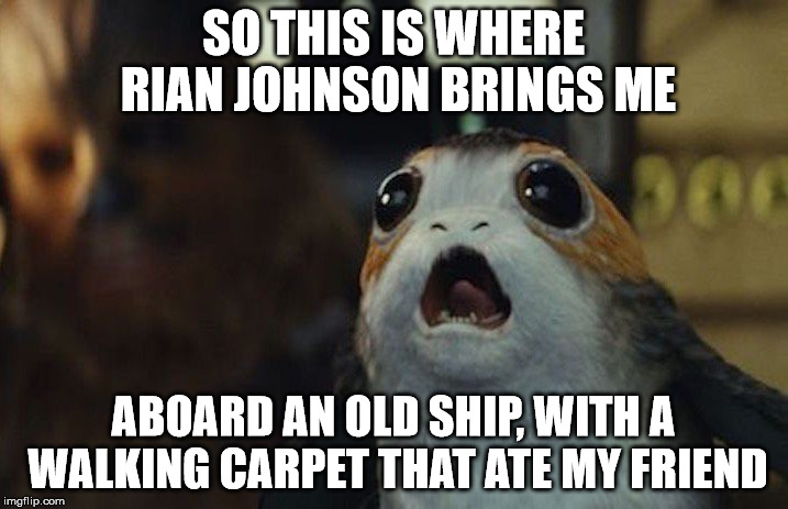 Dang it Rian! | SO THIS IS WHERE RIAN JOHNSON BRINGS ME; ABOARD AN OLD SHIP, WITH A WALKING CARPET THAT ATE MY FRIEND | image tagged in star wars porg | made w/ Imgflip meme maker