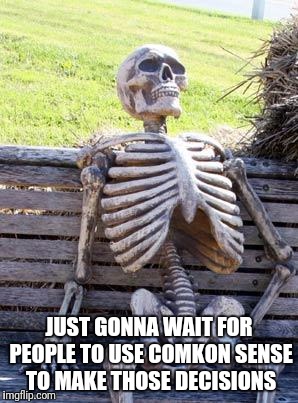 Waiting Skeleton Meme | JUST GONNA WAIT FOR PEOPLE TO USE COMKON SENSE TO MAKE THOSE DECISIONS | image tagged in memes,waiting skeleton | made w/ Imgflip meme maker