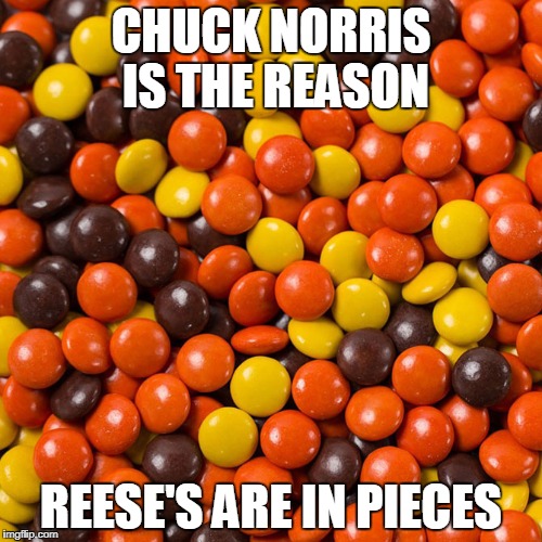 Chuck Norris Reese's pieces | CHUCK NORRIS IS THE REASON; REESE'S ARE IN PIECES | image tagged in chuck norris,memes,reese's pieces | made w/ Imgflip meme maker
