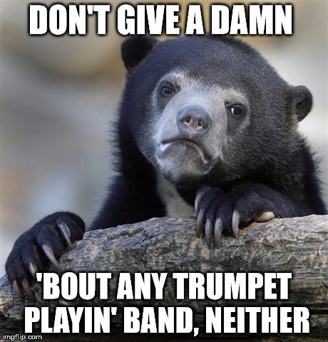 Confession Bear Meme | DON'T GIVE A DAMN; 'BOUT ANY TRUMPET PLAYIN' BAND, NEITHER | image tagged in memes,confession bear | made w/ Imgflip meme maker