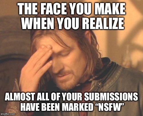 Frustrated Boromir Meme | THE FACE YOU MAKE WHEN YOU REALIZE; ALMOST ALL OF YOUR SUBMISSIONS HAVE BEEN MARKED “NSFW” | image tagged in memes,frustrated boromir | made w/ Imgflip meme maker