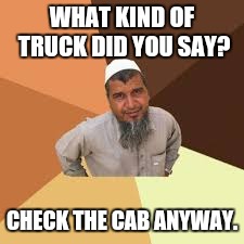 WHAT KIND OF TRUCK DID YOU SAY? CHECK THE CAB ANYWAY. | made w/ Imgflip meme maker