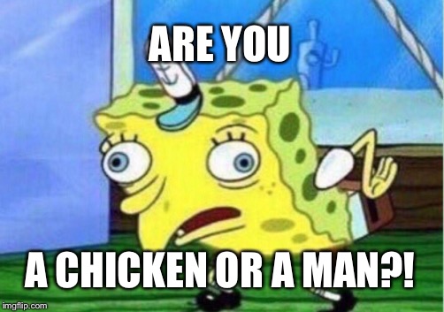 Mocking Spongebob Meme | ARE YOU; A CHICKEN OR A MAN?! | image tagged in memes,mocking spongebob | made w/ Imgflip meme maker