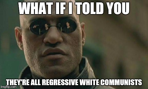 Matrix Morpheus Meme | WHAT IF I TOLD YOU THEY'RE ALL REGRESSIVE WHITE COMMUNISTS | image tagged in memes,matrix morpheus | made w/ Imgflip meme maker