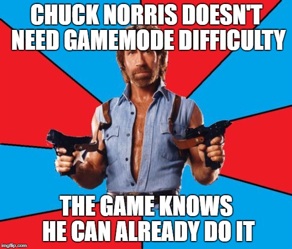 Chuck Norris With Guns Meme | CHUCK NORRIS DOESN'T NEED GAMEMODE DIFFICULTY; THE GAME KNOWS HE CAN ALREADY DO IT | image tagged in memes,chuck norris with guns,chuck norris | made w/ Imgflip meme maker