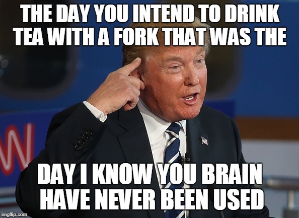 Donald Trump Pointing to His Head | THE DAY YOU INTEND TO DRINK TEA WITH A FORK THAT WAS THE; DAY I KNOW YOU BRAIN HAVE NEVER BEEN USED | image tagged in donald trump pointing to his head | made w/ Imgflip meme maker