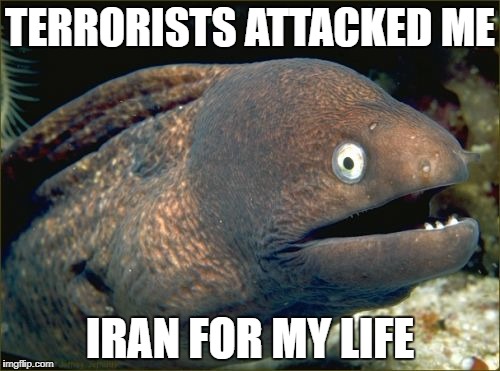 Bad Joke Eel | TERRORISTS ATTACKED ME; IRAN FOR MY LIFE | image tagged in memes,bad joke eel | made w/ Imgflip meme maker