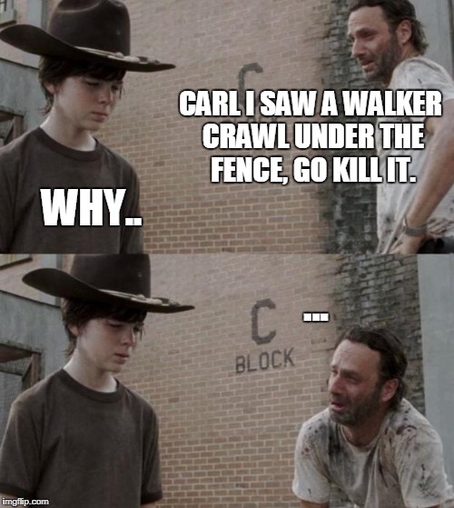 Rick and Carl Meme | CARL I SAW A WALKER CRAWL UNDER THE FENCE, GO KILL IT. WHY.. ... | image tagged in memes,rick and carl | made w/ Imgflip meme maker