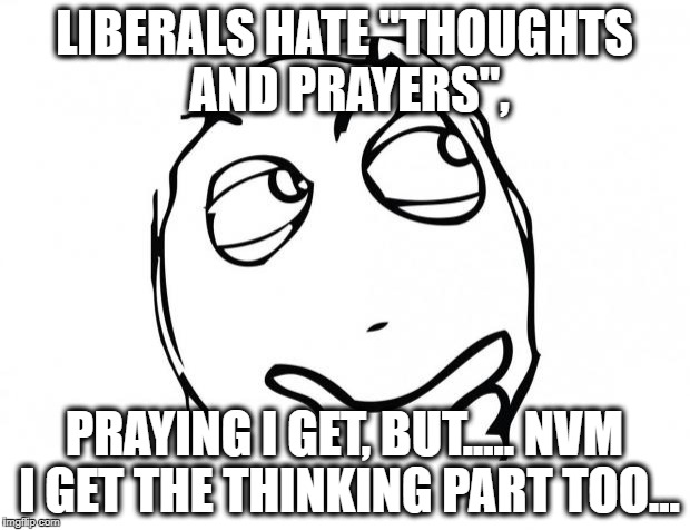 meme thinking | LIBERALS HATE "THOUGHTS AND PRAYERS", PRAYING I GET, BUT..... NVM I GET THE THINKING PART TOO... | image tagged in meme thinking | made w/ Imgflip meme maker