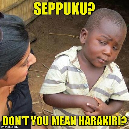 Third World Skeptical Kid Meme | SEPPUKU? DON'T YOU MEAN HARAKIRI? | image tagged in memes,third world skeptical kid | made w/ Imgflip meme maker